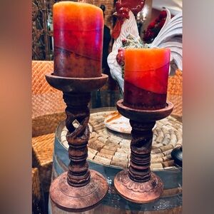 Unique Pair of Twisted Bronzed Wood Candlesticks/Holders 7” and 9” Tall